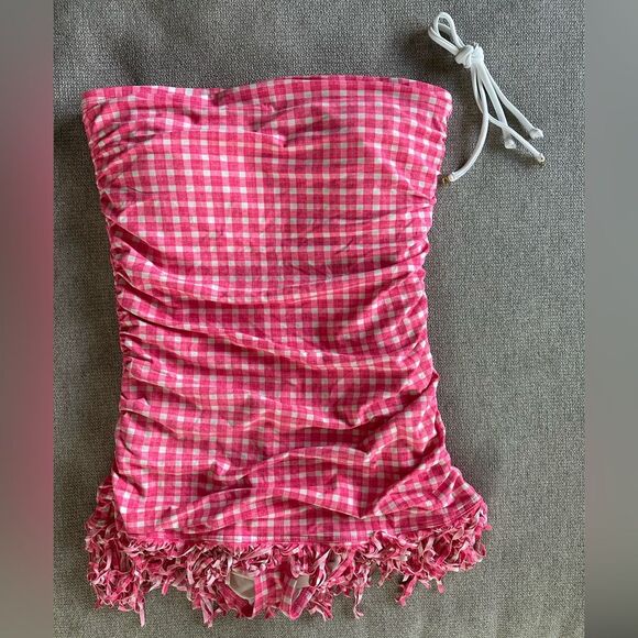 Coco Rave Multi Way Halter or Strapless Fringe One Piece Pink Gingham Swim Dress - Picture 1 of 6